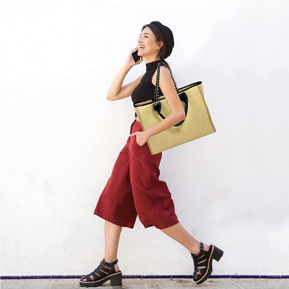 Woven Straw Tote Bag with Black Trim - Picture 3 of 4